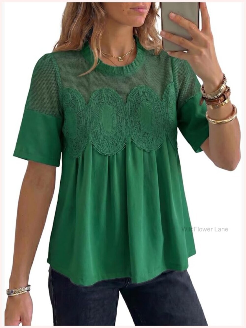 Elegant Lace Blouse Flared Swing Top Sheer Mesh Short Sleeve Crew Neck